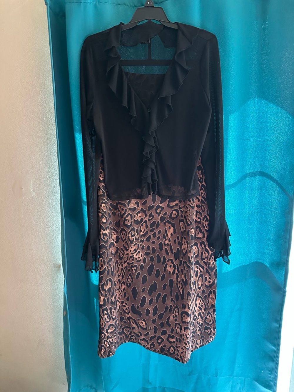 Black Ruffle Top with Brown Leopard Print Skirt Dress